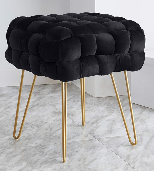 Mirage Modern Contemporary Square Woven Upholstered Velvet Ottoman with Gold Metal Legs - Black