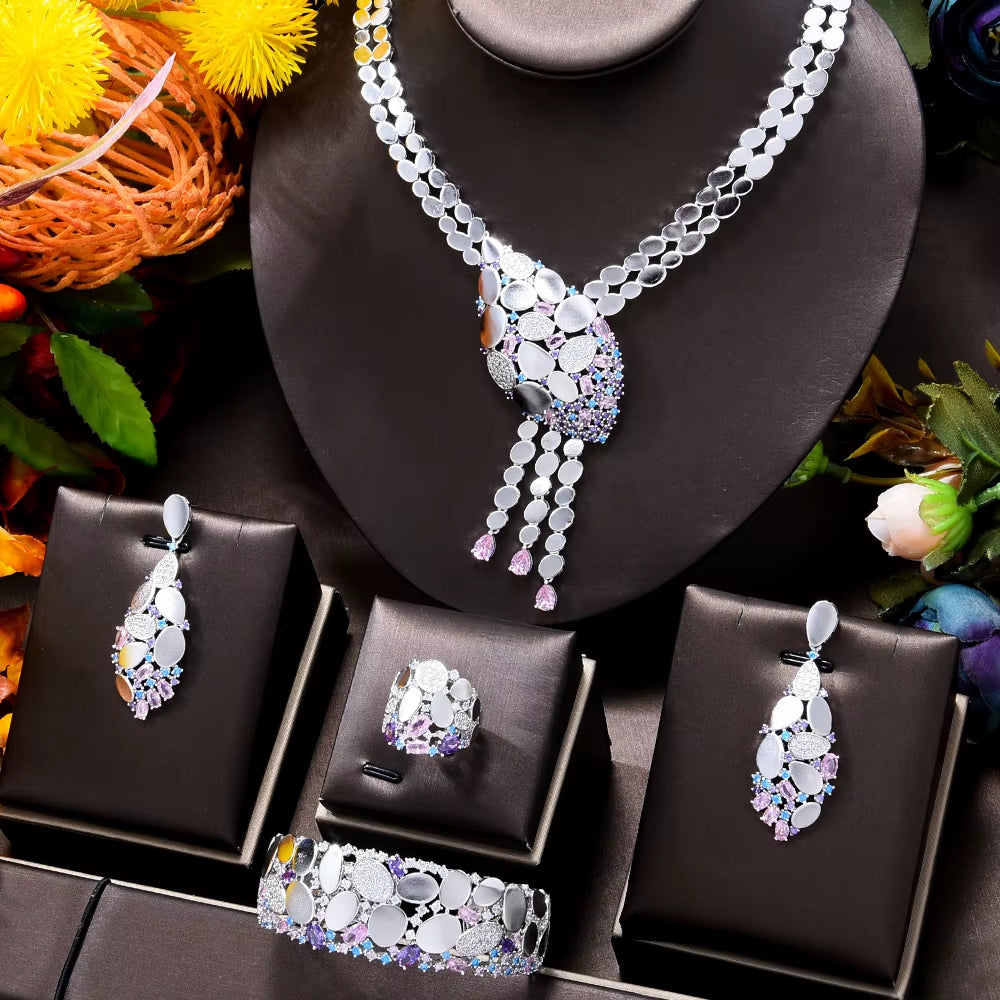 NEW Trendy 4PCS Luxury Tssels Drop Jewelry Set for Women Wedding Cubic Zircon CZ Indian African Dubai Bridal Jewelry