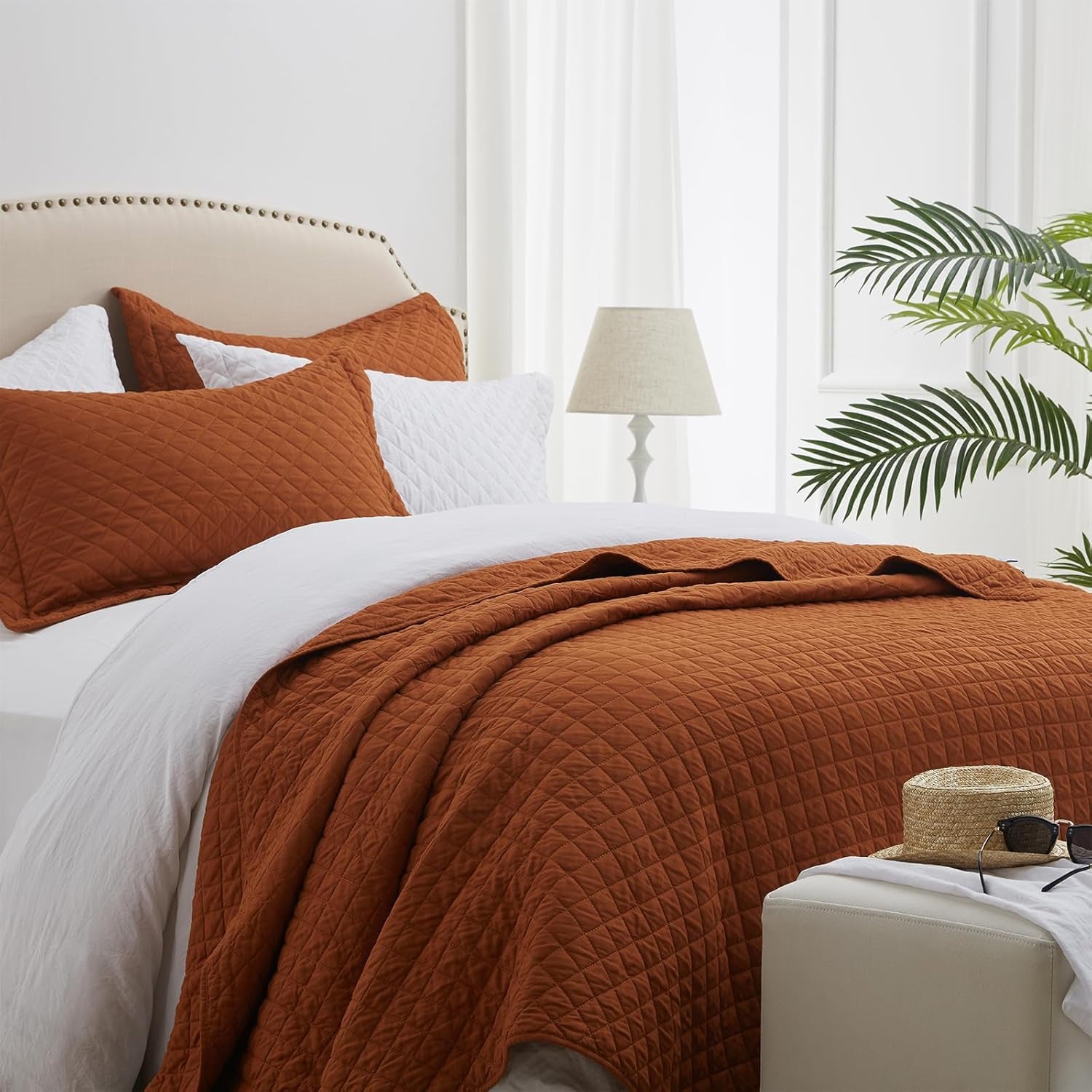 Queen Quilt Bedding Set with Pillow Shams, Full Queen Size Quilt Brunt Orange, Lightweight Bedspreads Soft Reversible Coverlet for All Season 3Pcs Rust Diamond Quilted Bed Set(90"X96")