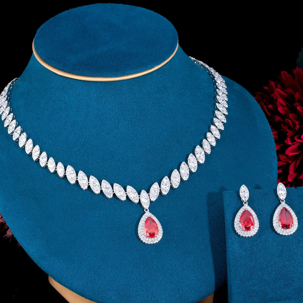 Pera Gorgeous Bridesmaid Accessories Royal Blue Cubic Zirconia Bridal Wedding Water Drop Necklace Jewelry Sets for Women J048