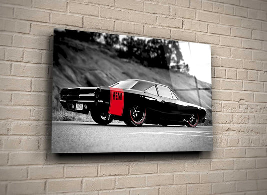 Black and White Vintage Car Red Color Splash Photo Glass Wall Art Home Garage Man Cave Décor Gift