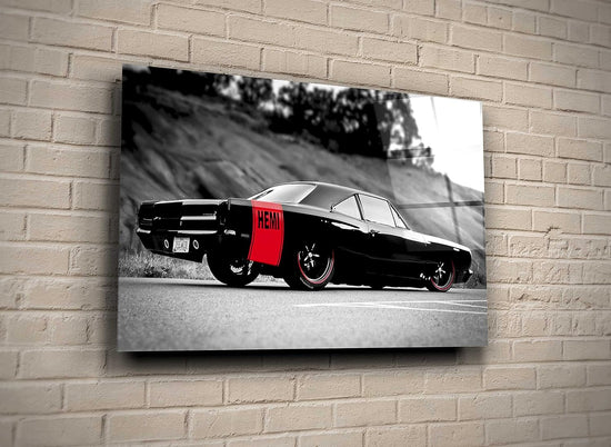 Black and White Vintage Car Red Color Splash Photo Glass Wall Art Home Garage Man Cave Décor Gift