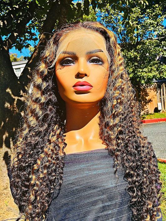 Human Hair Wig 13X4 Transparent Lace Wig Highlight Color Deep Wave 22Inches 180% Density