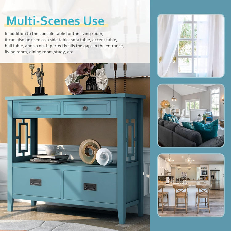 36" Wood Console Table with 4 Drawer,2 Tier Console Table with Bottom Shelf for Entryway Hallyway Sofa Table for Bedroom Living Room