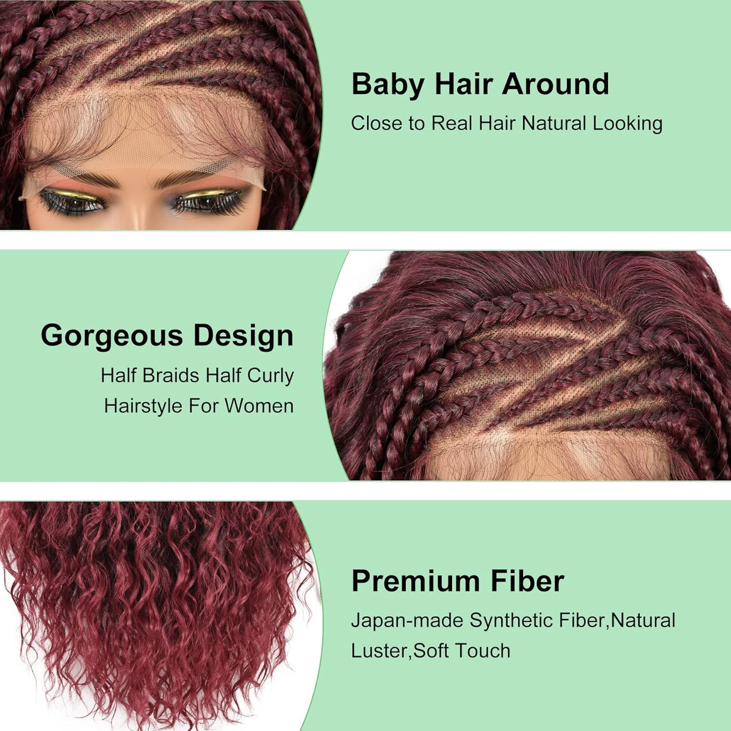 26" HD Lace Front Half Braided Wigs for Women, Burgundy, Synthetic