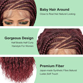 26" HD Lace Front Half Braided Wigs for Women, Burgundy, Synthetic