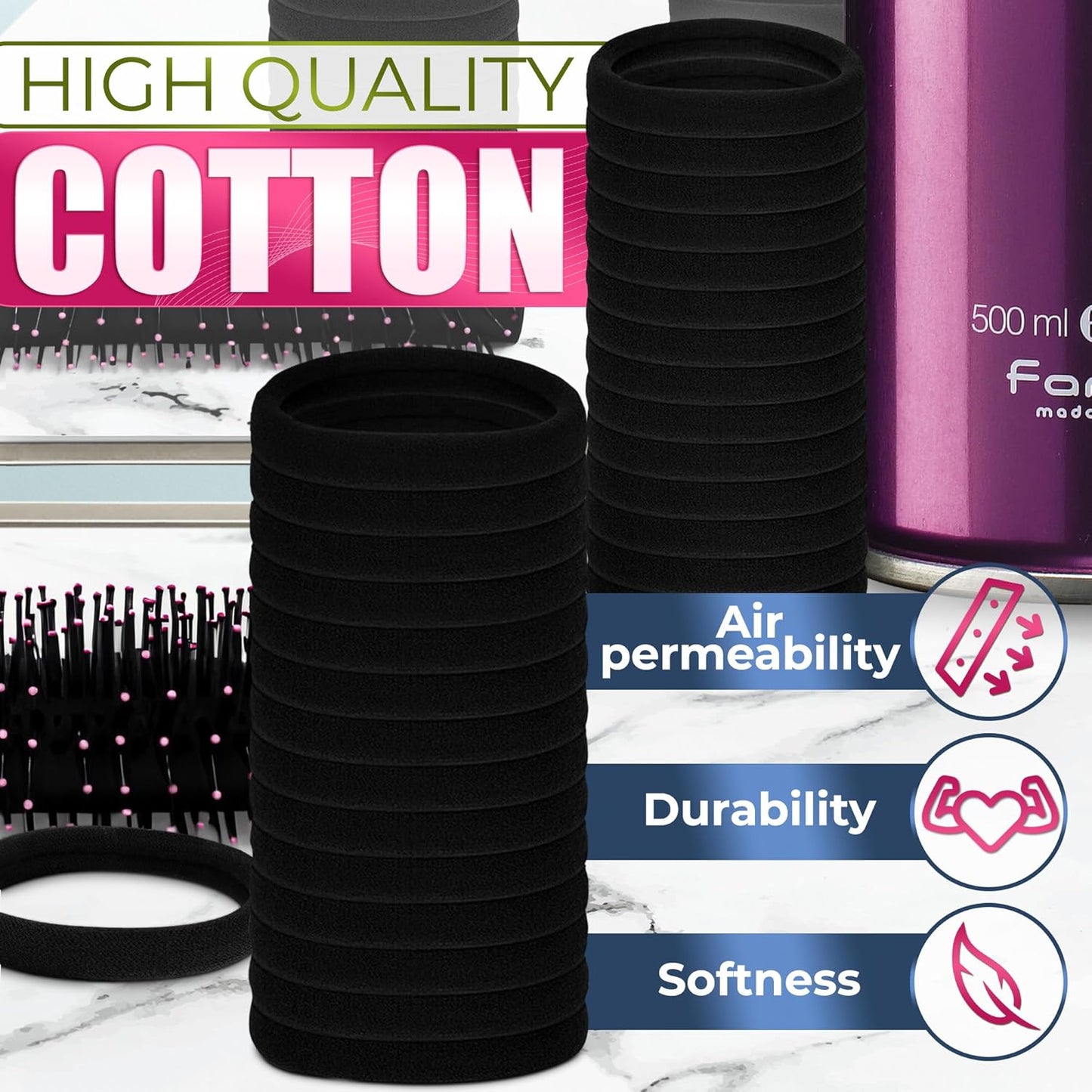 100 Pcs Soft Black Hair Ties Bulk – 1.9" Seamless Cotton Ponytail Holders, Small Black Elastic Hair Ties No Damage, Breathable & Gentle to Wear – Elasticity & Strength, Reliable & Strong Hold