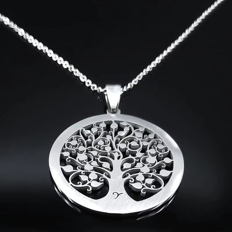 Tree of Life Crystal Stainless Steel Statement Necklace Women Silver Color Necklace Jewelry Christmas Gift Collar Mujer N49S03