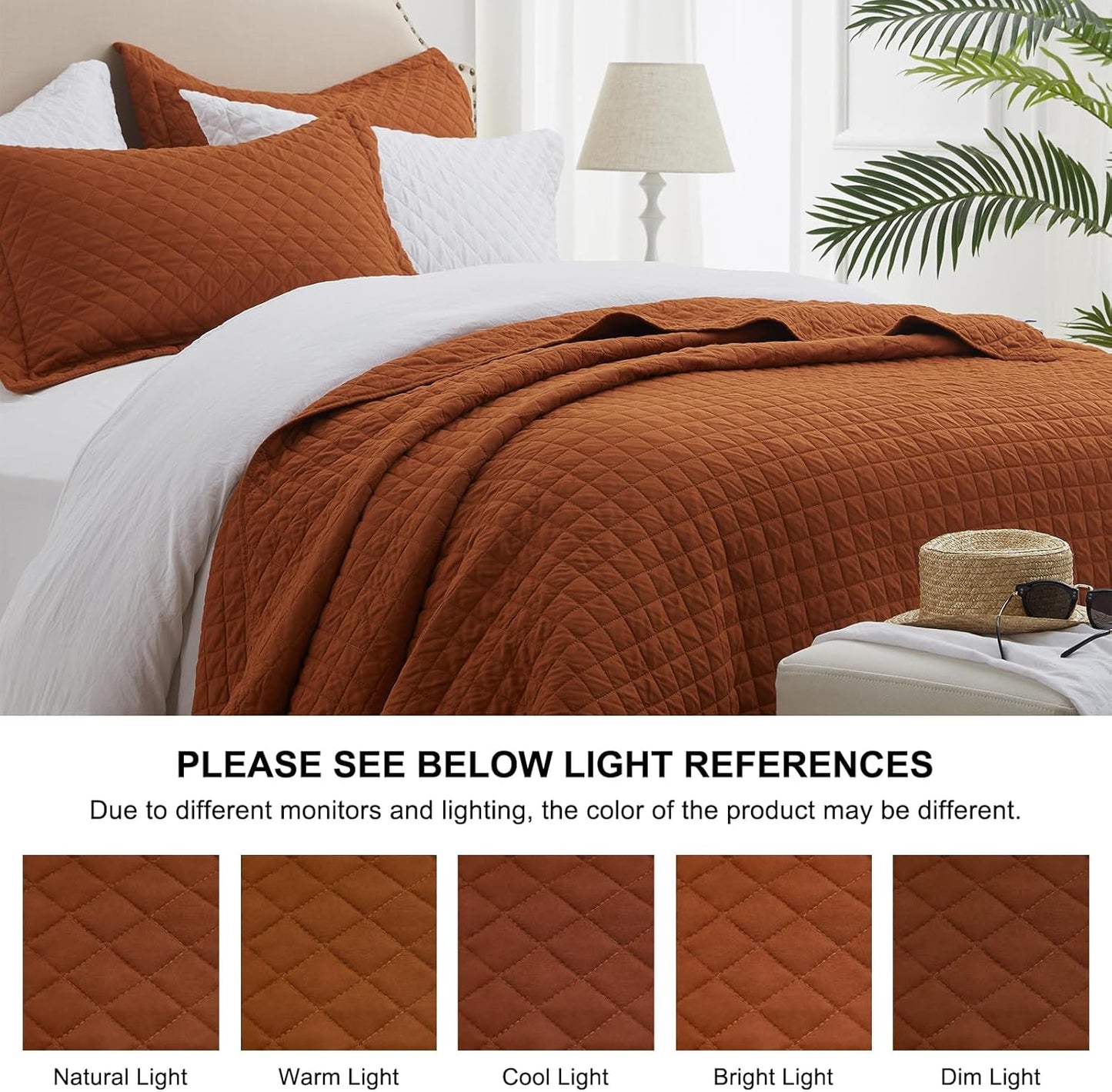 Queen Quilt Bedding Set with Pillow Shams, Full Queen Size Quilt Brunt Orange, Lightweight Bedspreads Soft Reversible Coverlet for All Season 3Pcs Rust Diamond Quilted Bed Set(90"X96")