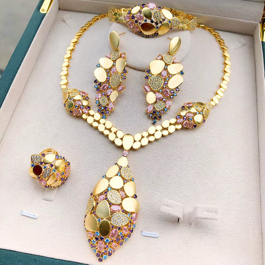 NEW Trendy 4PCS Luxury Tssels Drop Jewelry Set for Women Wedding Cubic Zircon CZ Indian African Dubai Bridal Jewelry