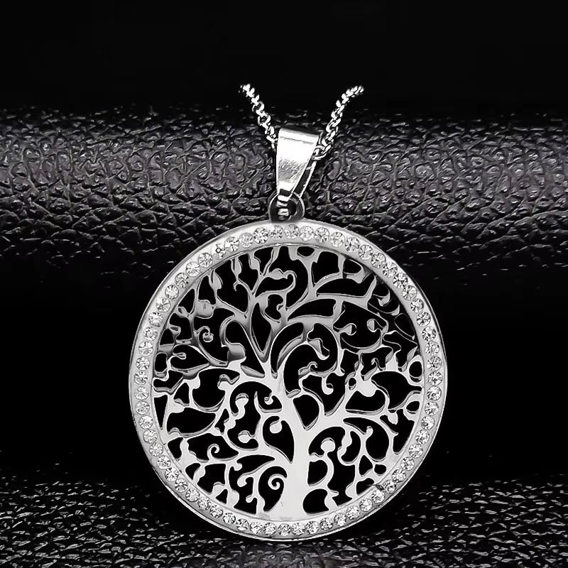Tree of Life Crystal Stainless Steel Statement Necklace Women Silver Color Necklace Jewelry Christmas Gift Collar Mujer N49S03