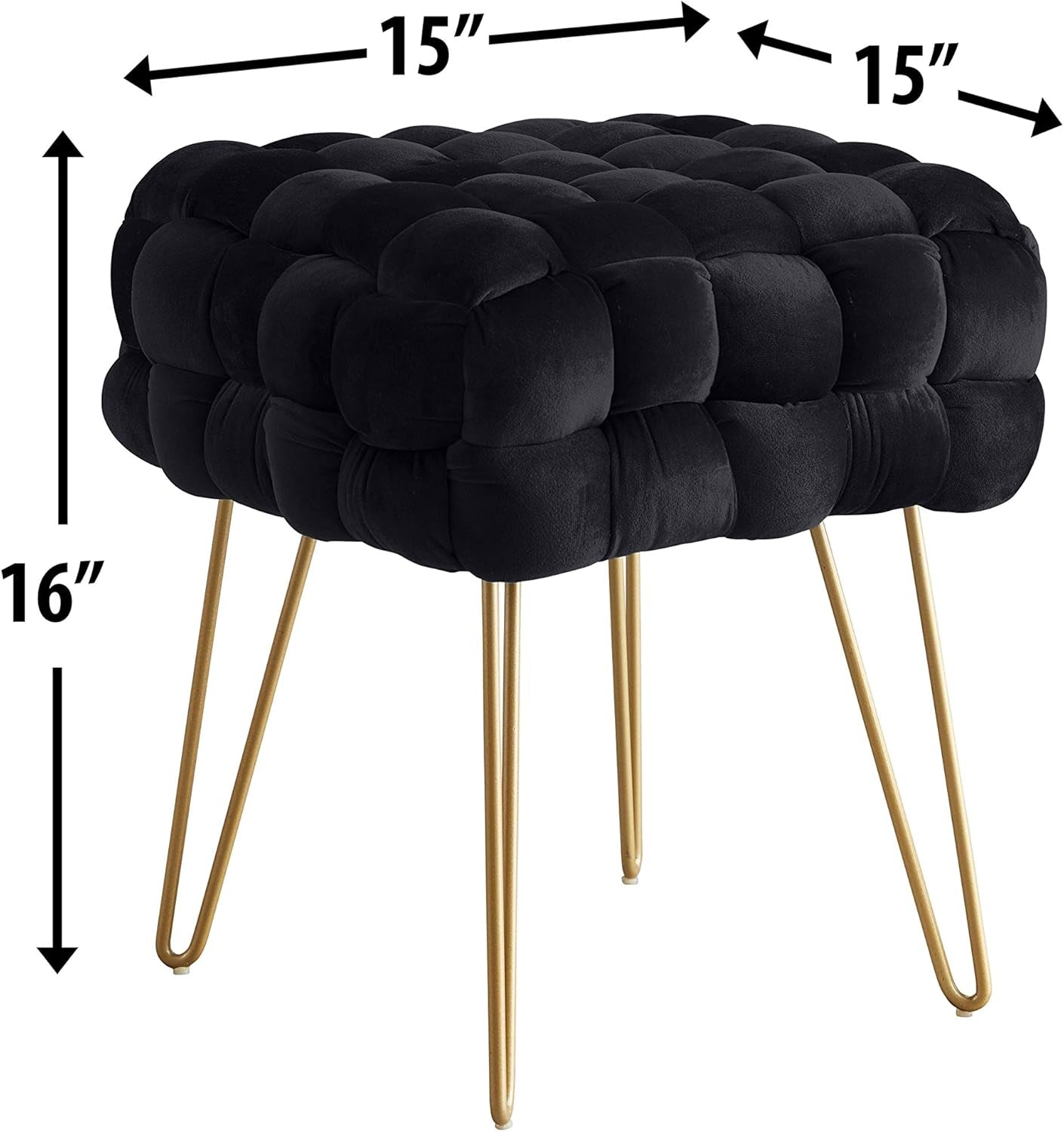 Mirage Modern Contemporary Square Woven Upholstered Velvet Ottoman with Gold Metal Legs - Black