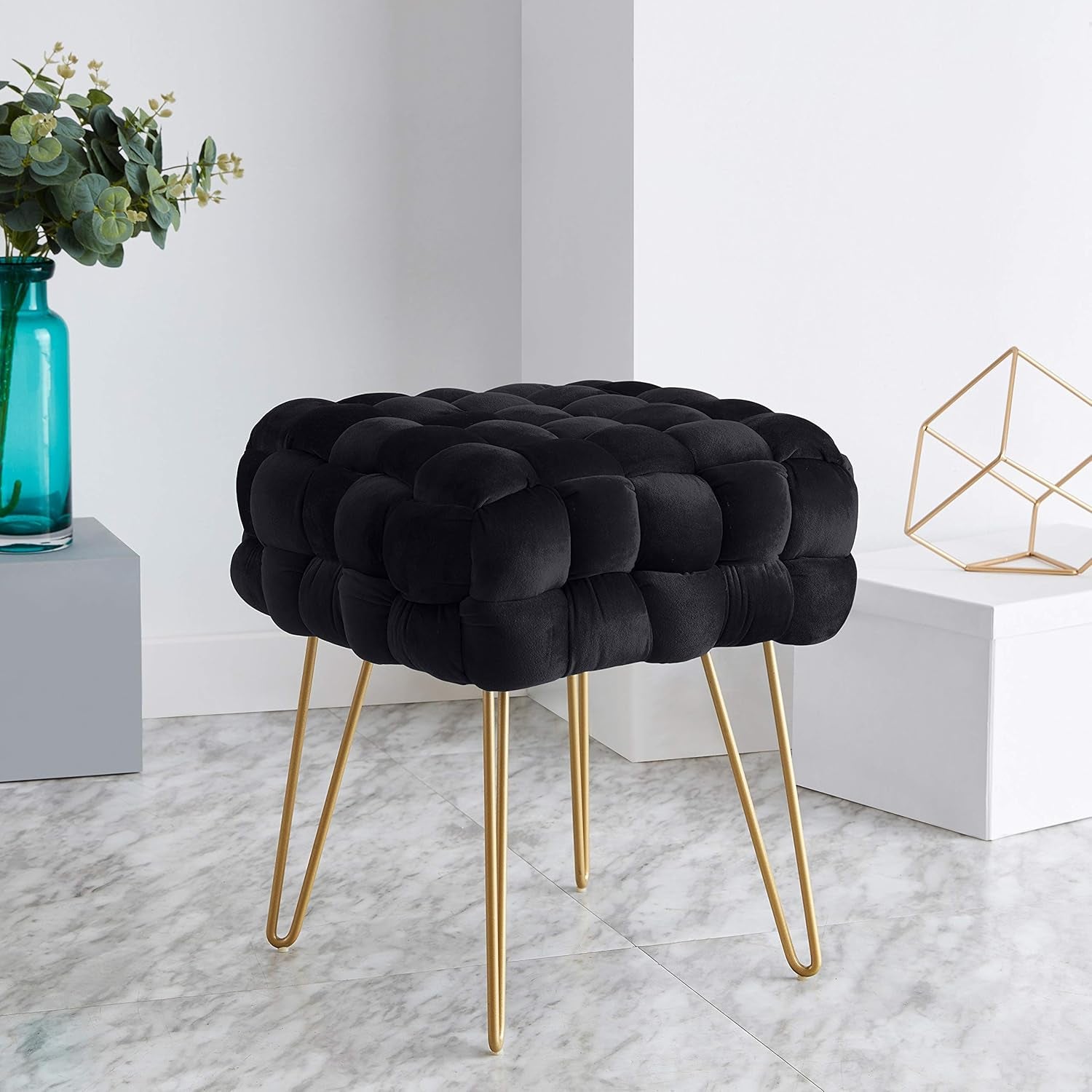 Mirage Modern Contemporary Square Woven Upholstered Velvet Ottoman with Gold Metal Legs - Black
