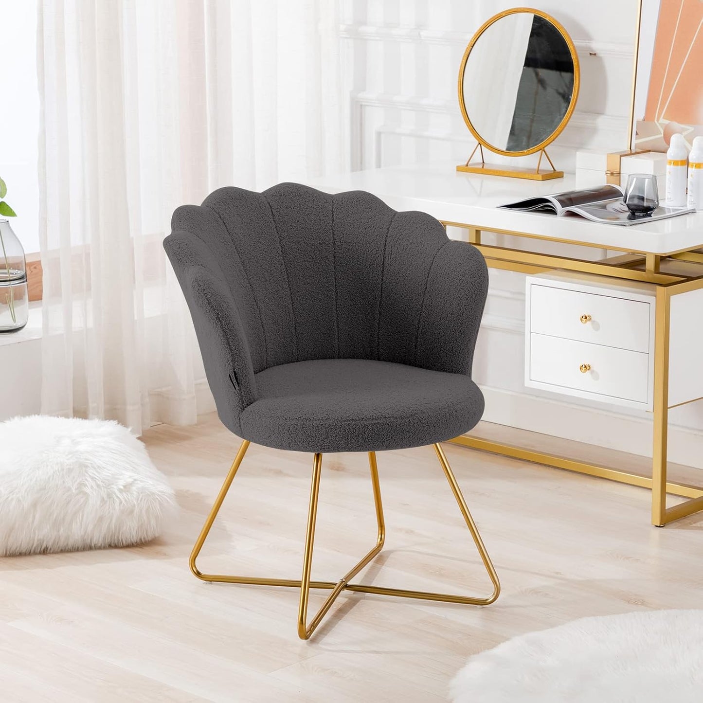 Faux Fur Vanity Accent Chair, Furry Makeup Chair with Back for Bedroom Makeup Room, Shell Shaped Living Room Chair Corner Chair with Golden Metal Legs, Grey