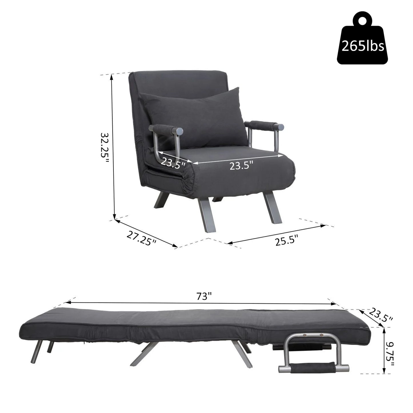 Folding Convertible Sleeper Bed Chair, Living Room, Den, or Dorm Room, Gray