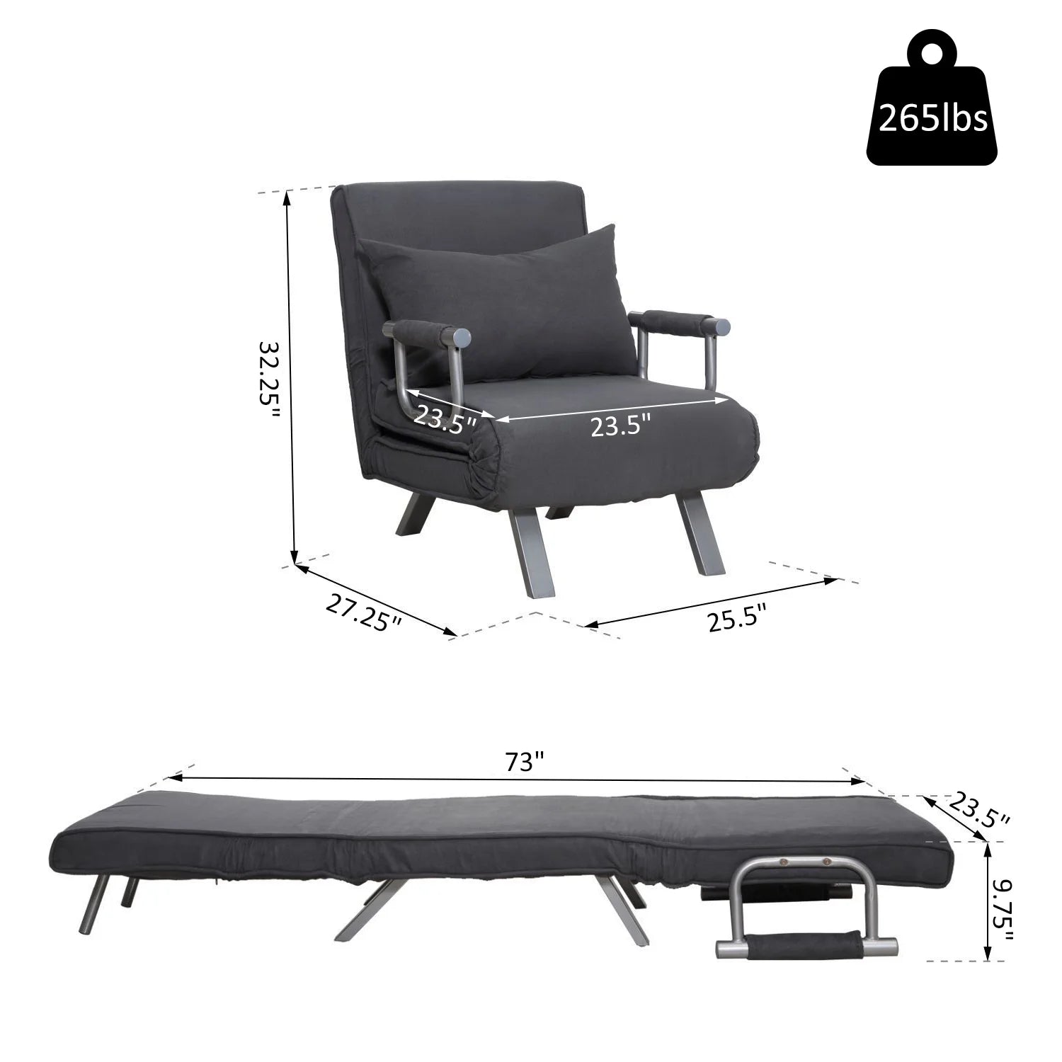 Folding Convertible Sleeper Bed Chair, Living Room, Den, or Dorm Room, Gray