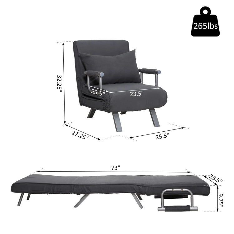 Folding Convertible Sleeper Bed Chair, Living Room, Den, or Dorm Room, Gray