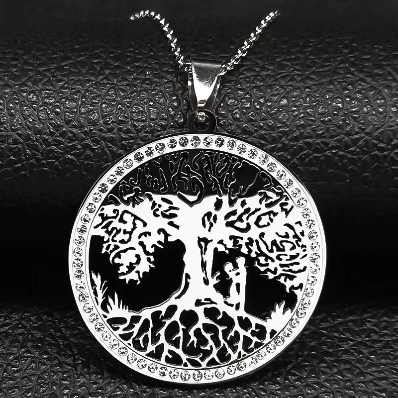 Tree of Life Crystal Stainless Steel Statement Necklace Women Silver Color Necklace Jewelry Christmas Gift Collar Mujer N49S03
