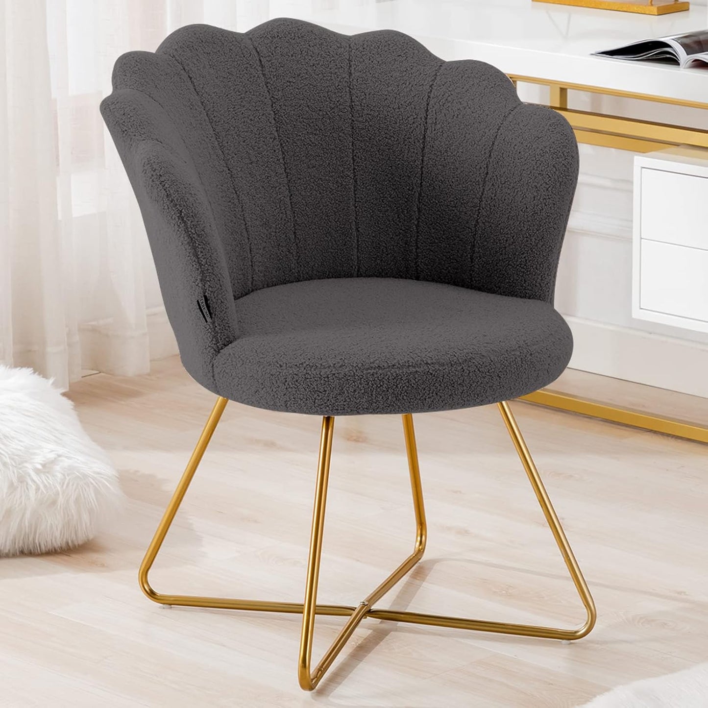 Faux Fur Vanity Accent Chair, Furry Makeup Chair with Back for Bedroom Makeup Room, Shell Shaped Living Room Chair Corner Chair with Golden Metal Legs, Grey