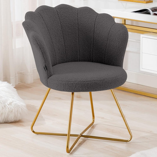 Faux Fur Vanity Accent Chair, Furry Makeup Chair with Back for Bedroom Makeup Room, Shell Shaped Living Room Chair Corner Chair with Golden Metal Legs, Grey