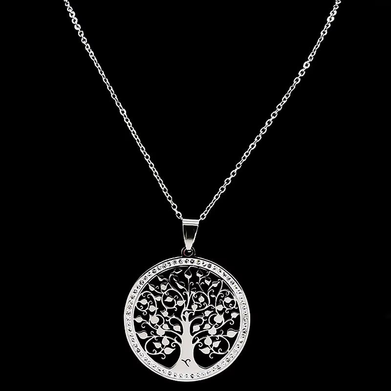 Tree of Life Crystal Stainless Steel Statement Necklace Women Silver Color Necklace Jewelry Christmas Gift Collar Mujer N49S03