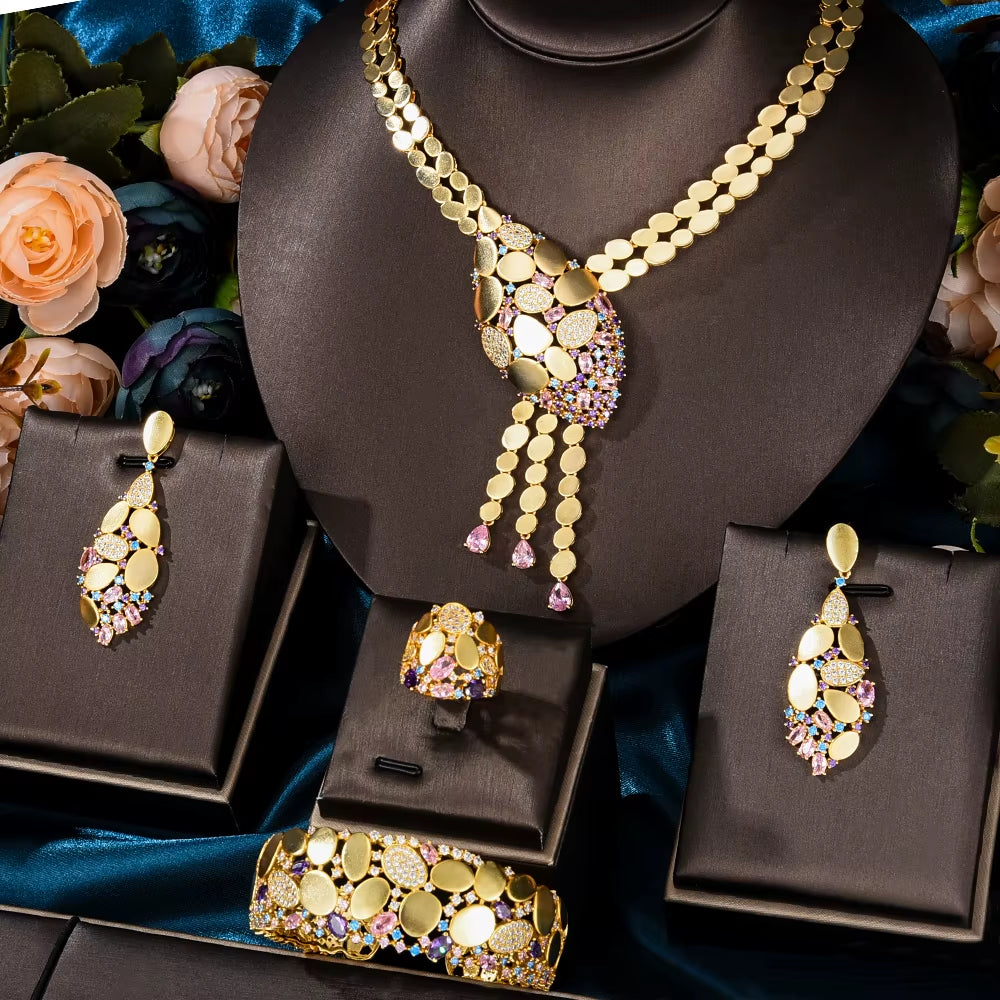 NEW Trendy 4PCS Luxury Tssels Drop Jewelry Set for Women Wedding Cubic Zircon CZ Indian African Dubai Bridal Jewelry