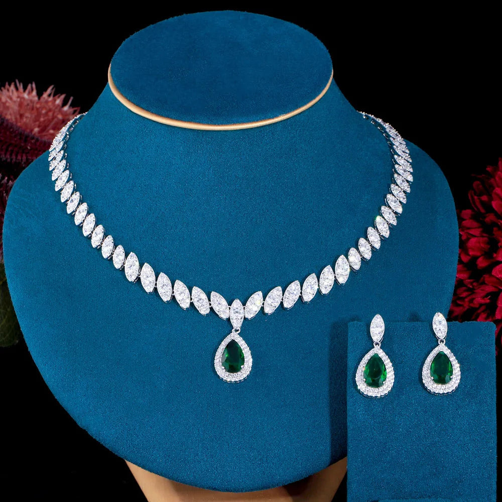 Pera Gorgeous Bridesmaid Accessories Royal Blue Cubic Zirconia Bridal Wedding Water Drop Necklace Jewelry Sets for Women J048