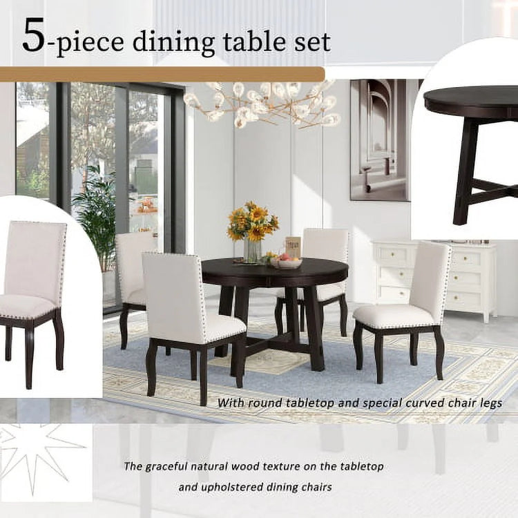 Round Dining Table Set,(5-Piece)Wood Farmhouse round Extendable Dining Table and 4 Upholstered Dining Chairs for 4 to 6 Person, Dining Room Table Set for Kitchen Room Dining Room(Espresso)