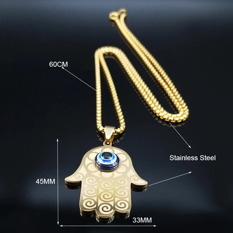 Blue Turkish Demon Eye Hamasa Hand Stainless Steel Hand of Fatima Necklace Women Men Necklace Jewelry Collares Mujer N1139S02
