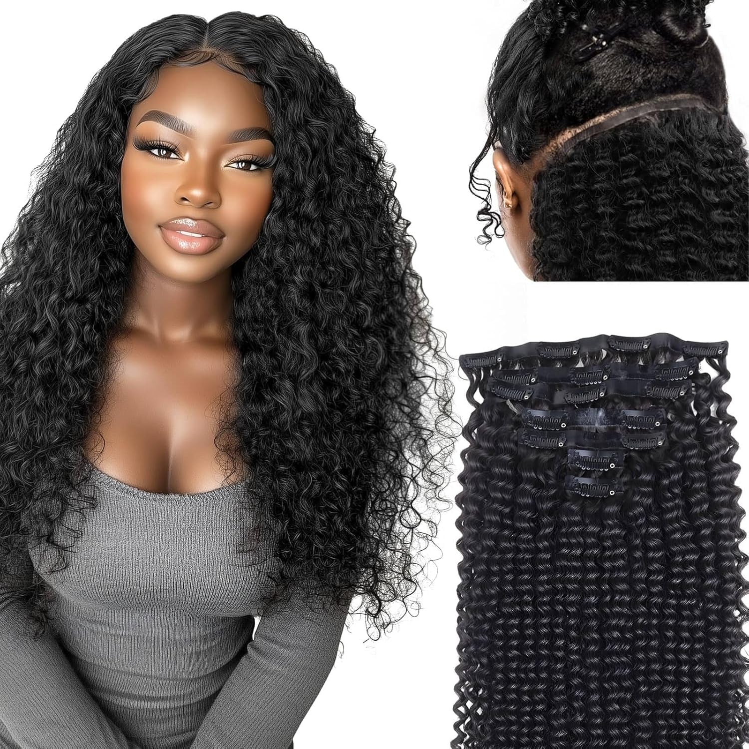 Seamless Clip in Hair Extensions - Human Hair Kinky Curly, 14 Inch 110G Natural Black, Ultra-Thin 0.8Mm PU Weft Real Human Hair Clip Ins