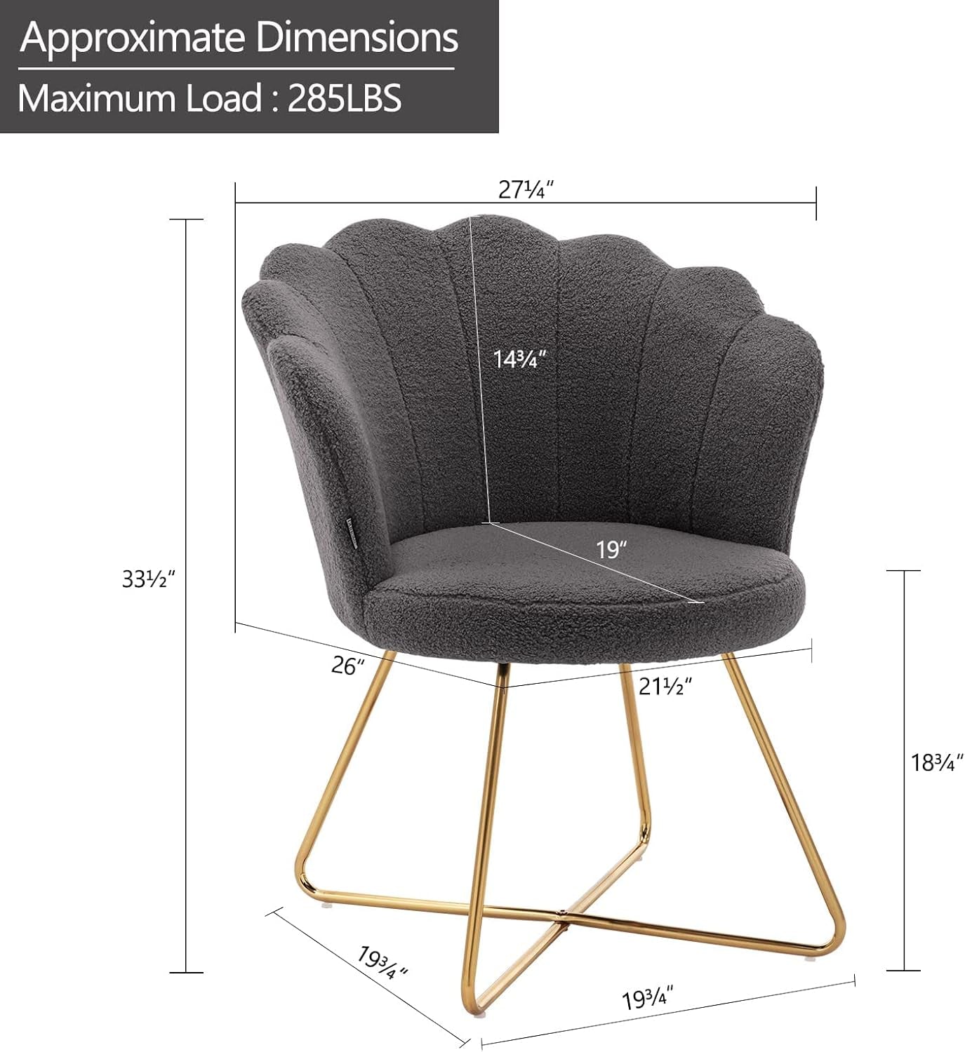 Faux Fur Vanity Accent Chair, Furry Makeup Chair with Back for Bedroom Makeup Room, Shell Shaped Living Room Chair Corner Chair with Golden Metal Legs, Grey