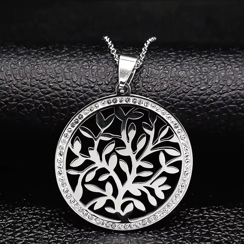 Tree of Life Crystal Stainless Steel Statement Necklace Women Silver Color Necklace Jewelry Christmas Gift Collar Mujer N49S03