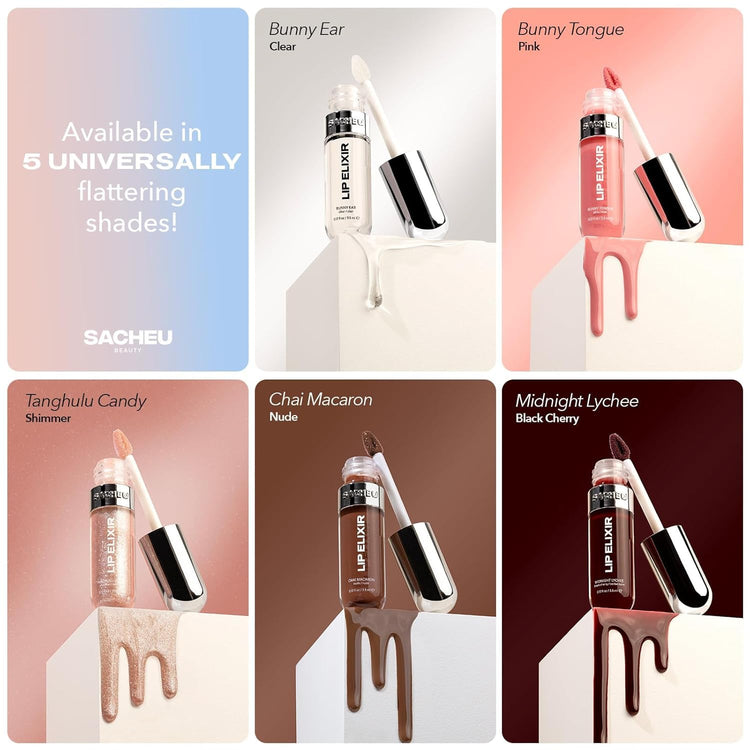 Lip Elixir Nourishing and Hydrating Lipgloss — Moisturizing Plumping Lip Gloss Enriched with Collagen, Non-Sticky Lip Color Smooth High-Shine Finish, Vegan & Cruelty-Free, Bunny Tongue (Pink)