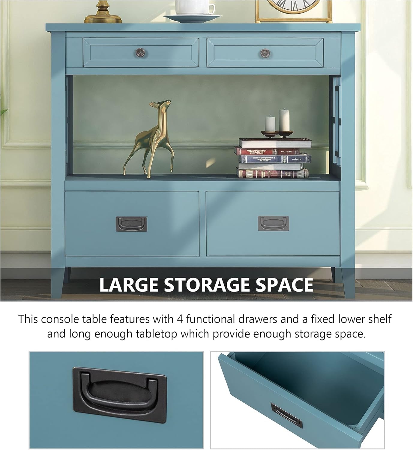 36" Wood Console Table with 4 Drawer,2 Tier Console Table with Bottom Shelf for Entryway Hallyway Sofa Table for Bedroom Living Room