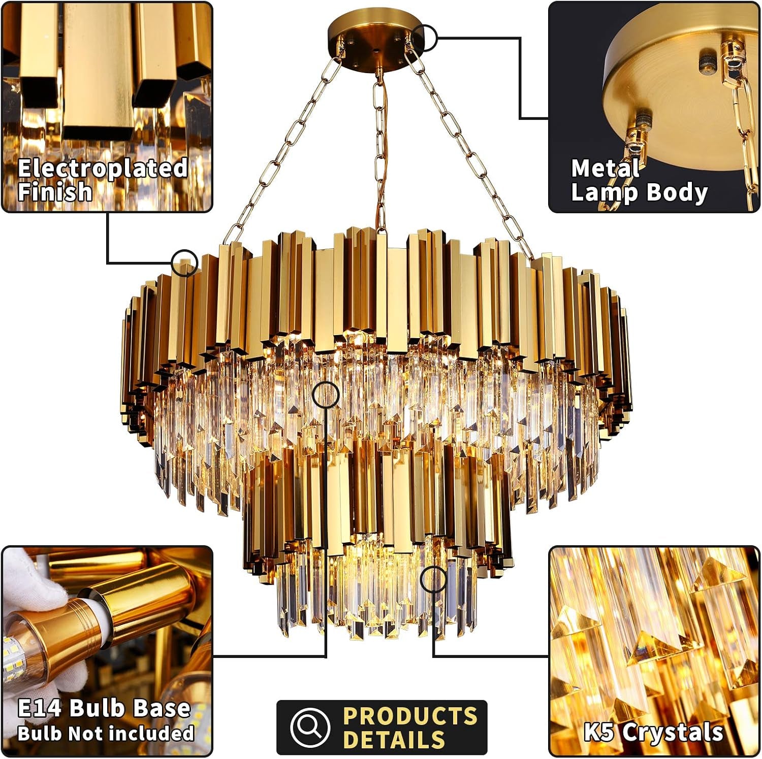 Modern Crystal Chandeliers, Luxury Gold Chandelier Light Fixture, Large round Chandelier, 2-Tier Raindrop Pendant Chandelier for Living Room, Dining Room Living Room