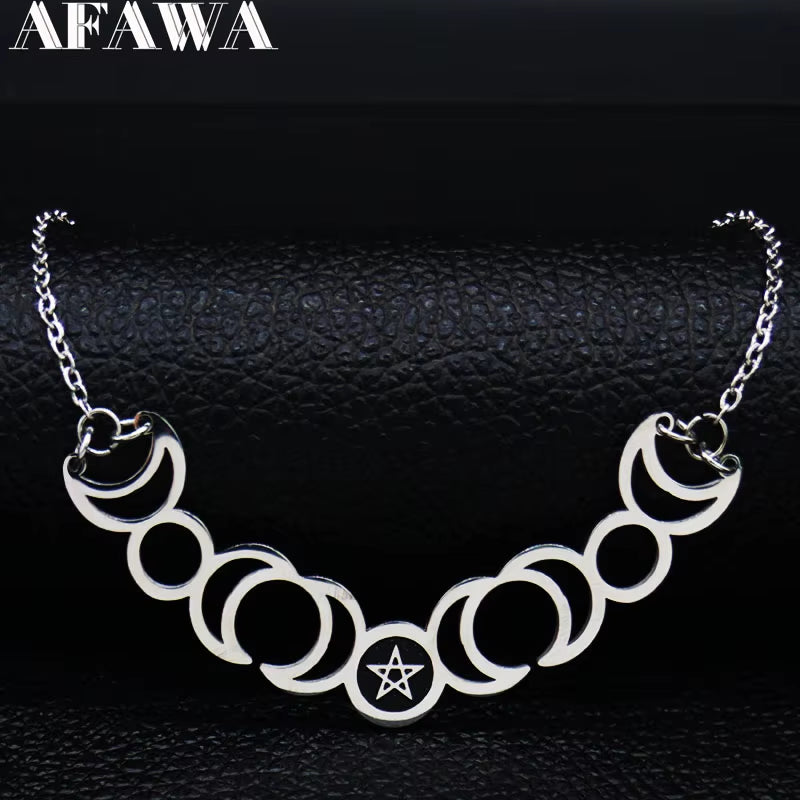 Triple Moon Goddess Sun Pentagram Stainless Steel Hecate Necklaces Witch Luna Necklace Jewelry Esotericos Y Brujeria N427