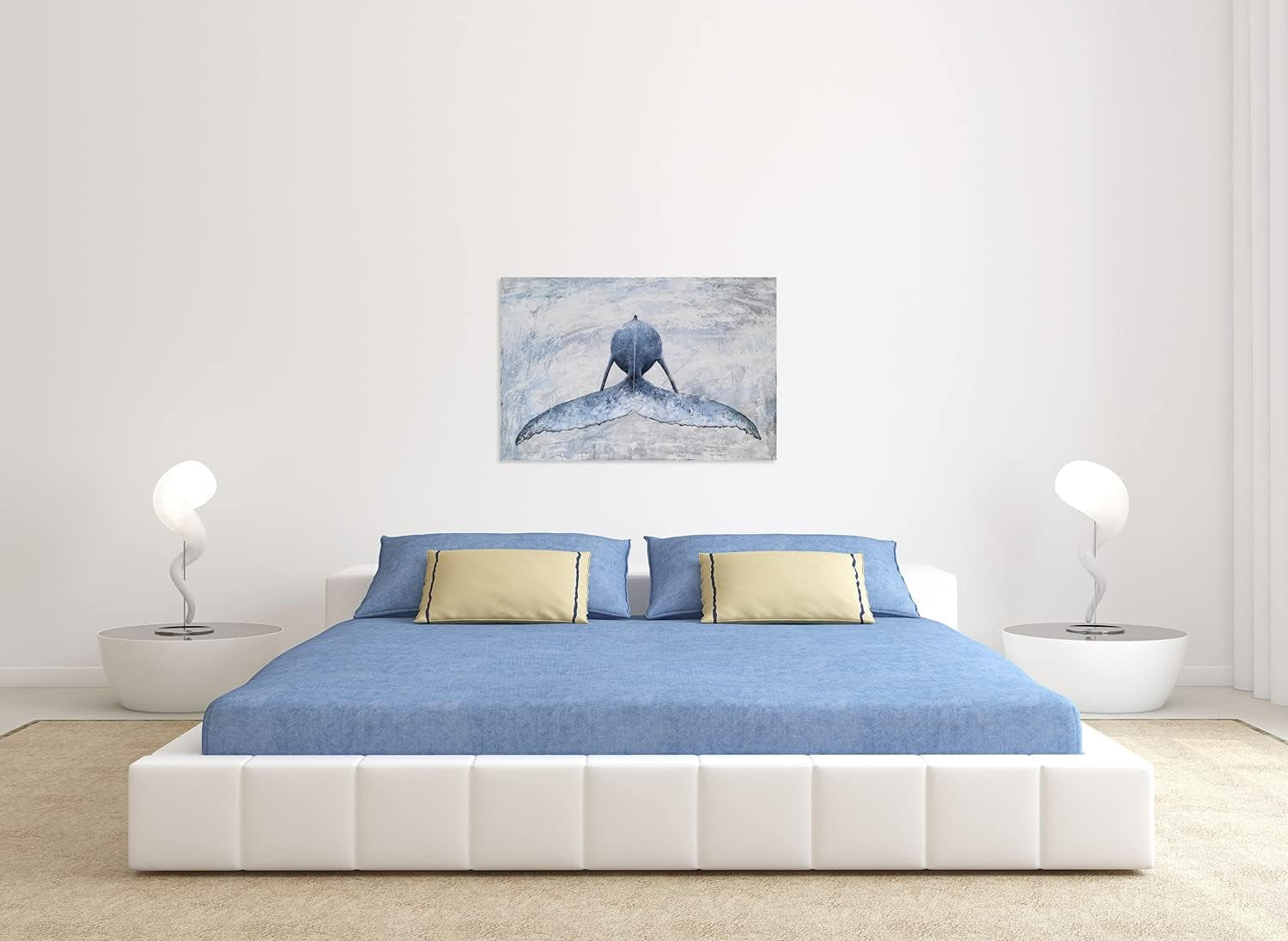 Coastal Canvas Wall Art - Blue and White Whale Paintings - Modern Abstract Tropical Fish Pictures with Textured for Bathroom Bedroom Living Room Decor
