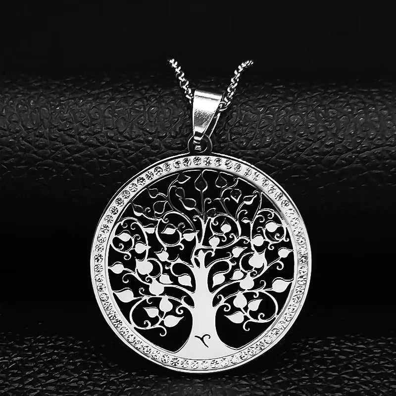 Tree of Life Crystal Stainless Steel Statement Necklace Women Silver Color Necklace Jewelry Christmas Gift Collar Mujer N49S03