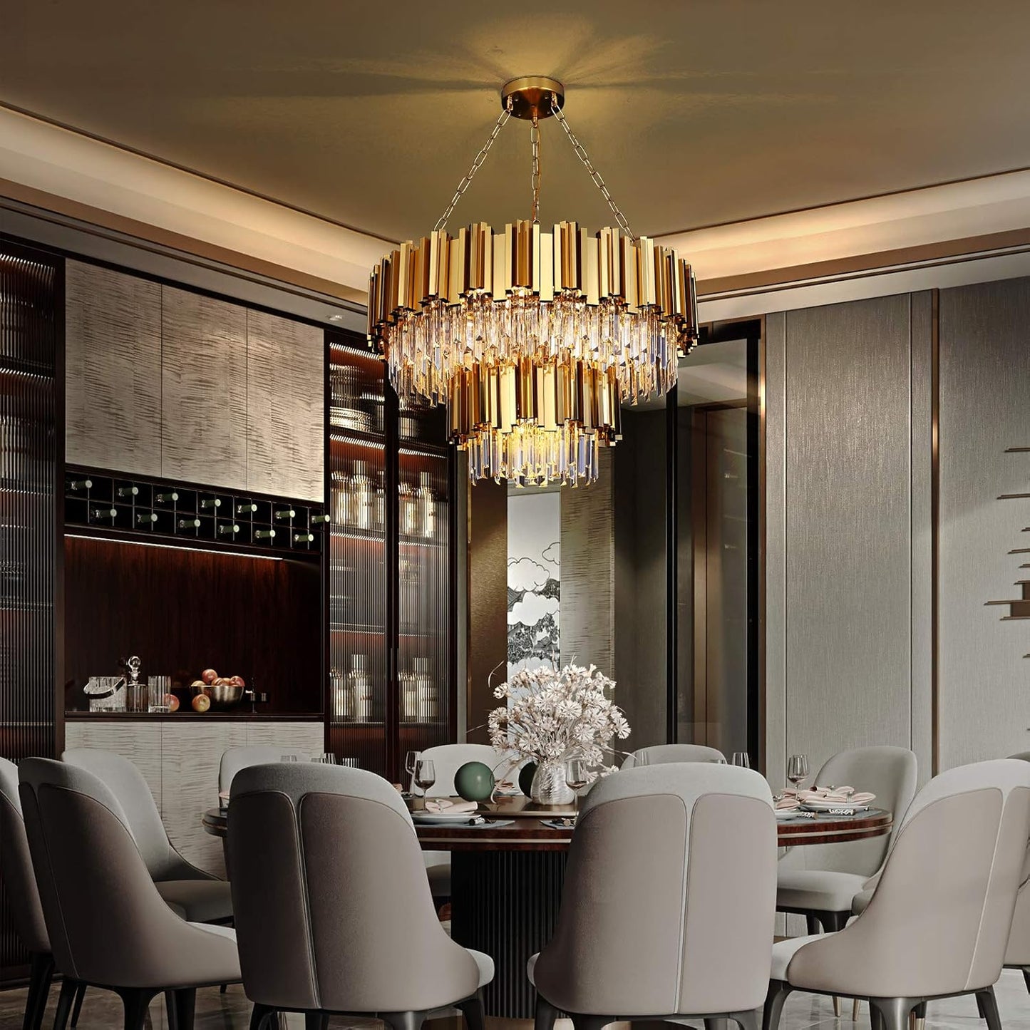 Modern Crystal Chandeliers, Luxury Gold Chandelier Light Fixture, Large round Chandelier, 2-Tier Raindrop Pendant Chandelier for Living Room, Dining Room Living Room