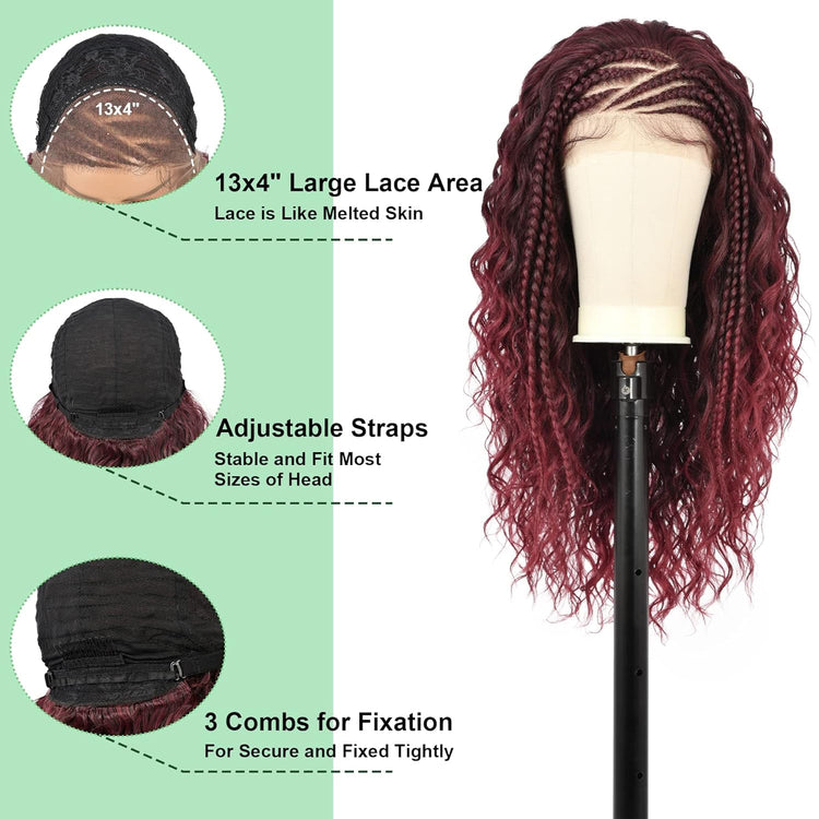 26" HD Lace Front Half Braided Wigs for Women, Burgundy, Synthetic