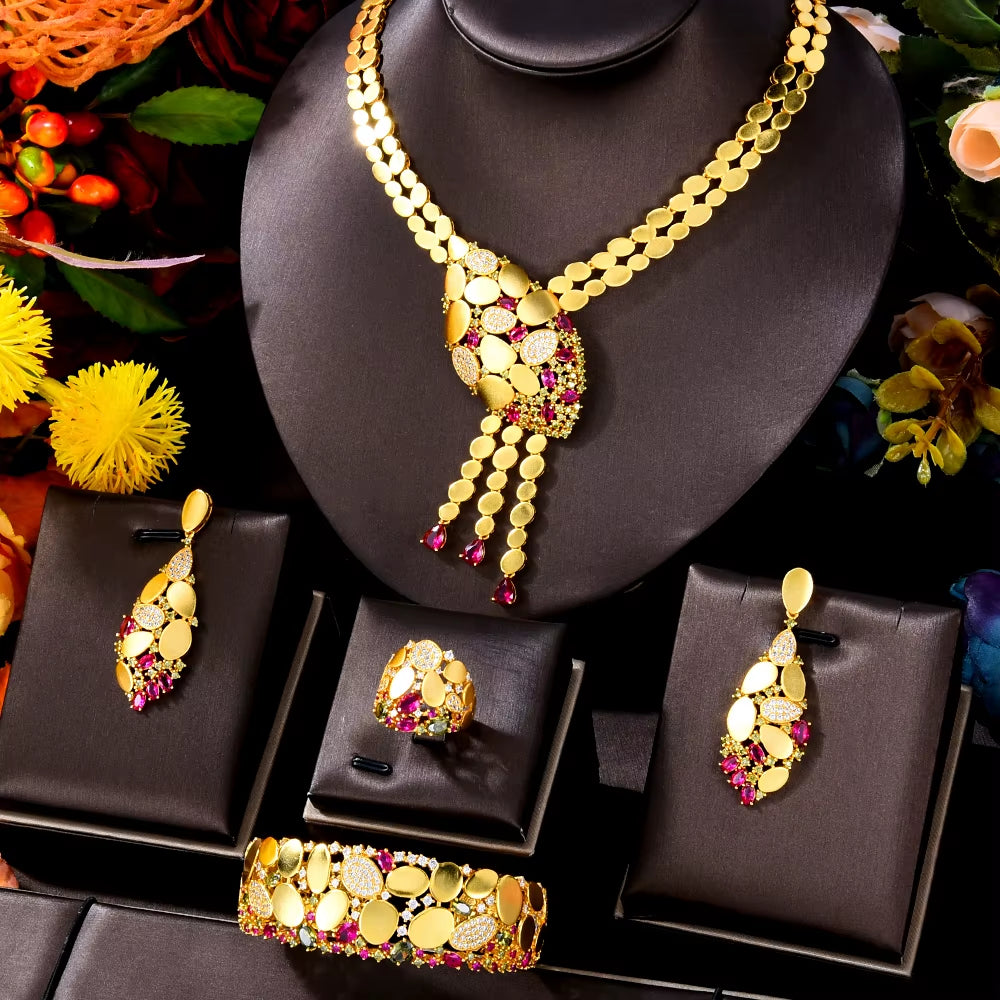 NEW Trendy 4PCS Luxury Tssels Drop Jewelry Set for Women Wedding Cubic Zircon CZ Indian African Dubai Bridal Jewelry