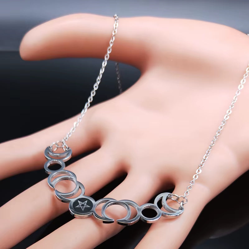 Triple Moon Goddess Sun Pentagram Stainless Steel Hecate Necklaces Witch Luna Necklace Jewelry Esotericos Y Brujeria N427