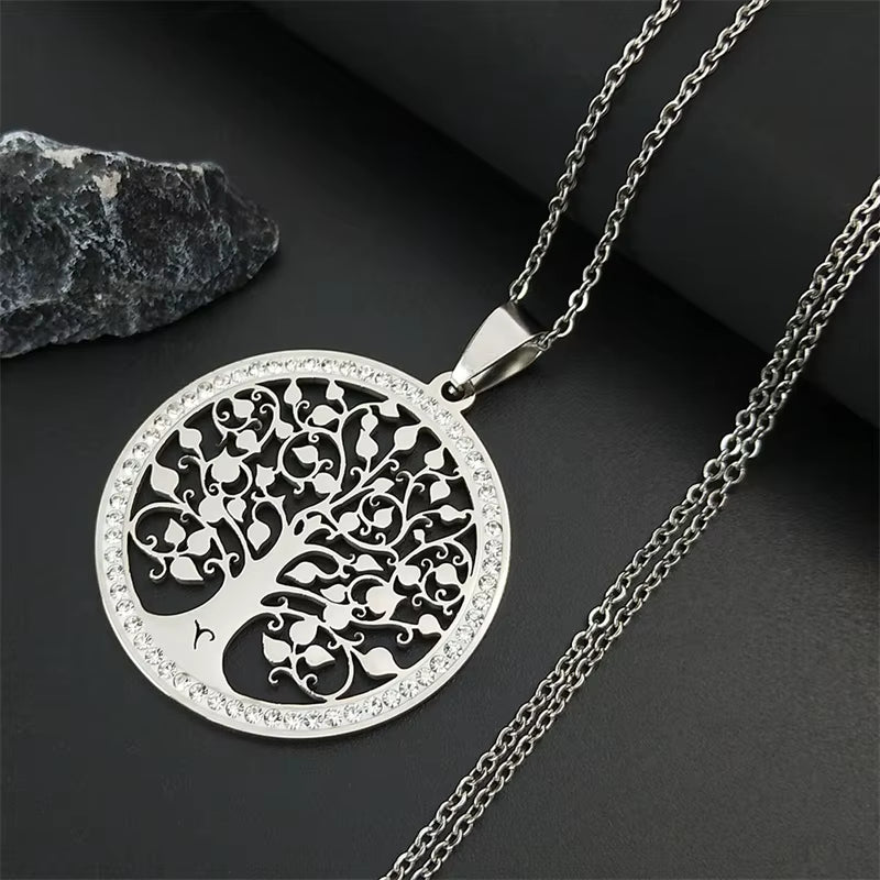 Tree of Life Crystal Stainless Steel Statement Necklace Women Silver Color Necklace Jewelry Christmas Gift Collar Mujer N49S03