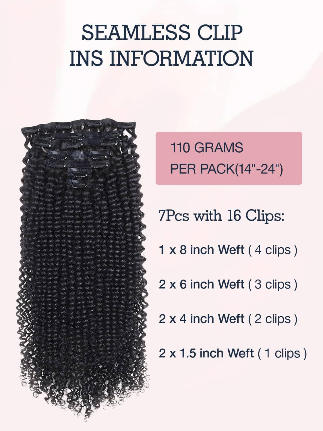 Seamless Clip in Hair Extensions - Human Hair Kinky Curly, 14 Inch 110G Natural Black, Ultra-Thin 0.8Mm PU Weft Real Human Hair Clip Ins