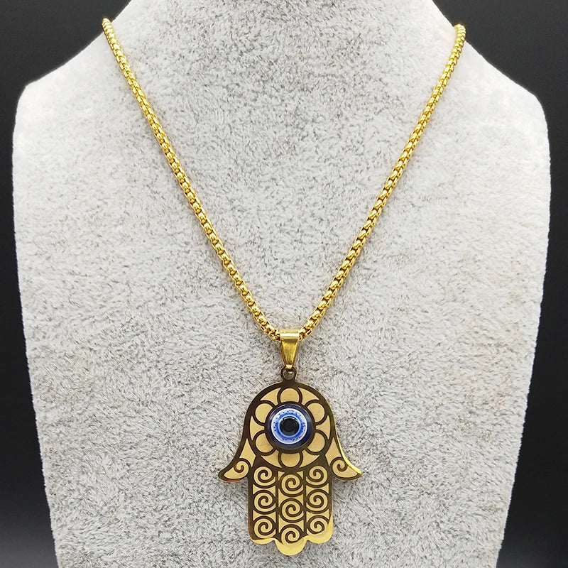 Blue Turkish Demon Eye Hamasa Hand Stainless Steel Hand of Fatima Necklace Women Men Necklace Jewelry Collares Mujer N1139S02