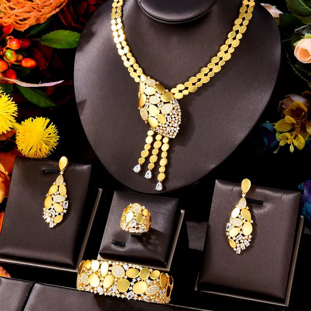 NEW Trendy 4PCS Luxury Tssels Drop Jewelry Set for Women Wedding Cubic Zircon CZ Indian African Dubai Bridal Jewelry