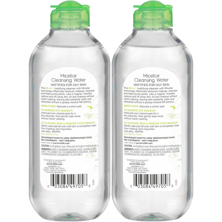 Micellar Water for Oily Skin, Facial Cleanser & Makeup Remover, Mattifying, for All Skin Types, Vegan, Cruelty Free, 13.5 Fl Oz (400Ml), 2 Count