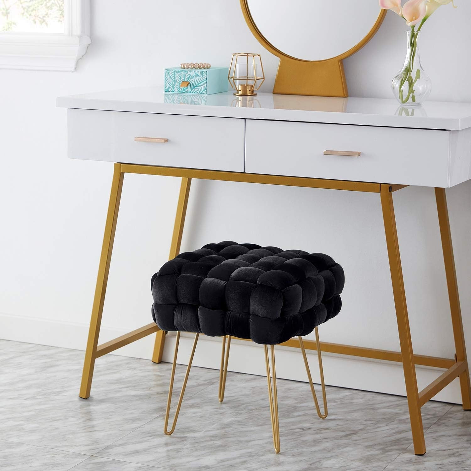 Mirage Modern Contemporary Square Woven Upholstered Velvet Ottoman with Gold Metal Legs - Black