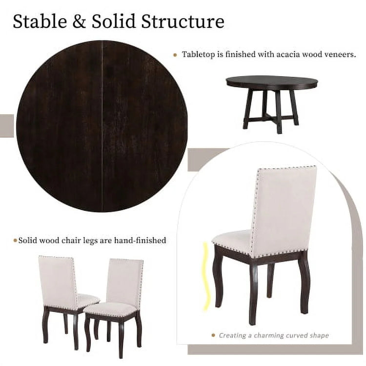 Round Dining Table Set,(5-Piece)Wood Farmhouse round Extendable Dining Table and 4 Upholstered Dining Chairs for 4 to 6 Person, Dining Room Table Set for Kitchen Room Dining Room(Espresso)