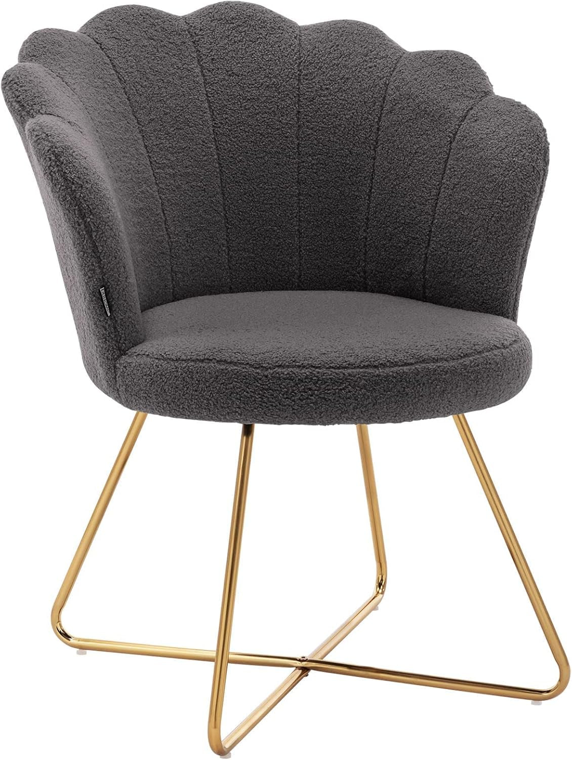 Faux Fur Vanity Accent Chair, Furry Makeup Chair with Back for Bedroom Makeup Room, Shell Shaped Living Room Chair Corner Chair with Golden Metal Legs, Grey